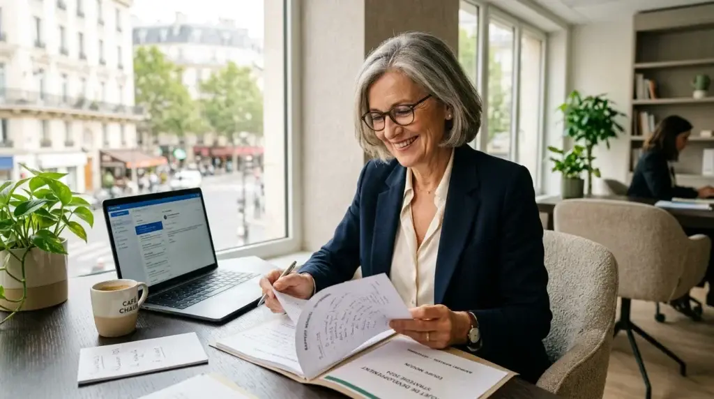 Retrait&eacute; actif souriant travaillant &agrave; son bureau dans un environnement professionnel