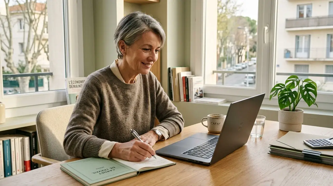 Retraité travaillant sur son ordinateur portable dans un bureau lumineux