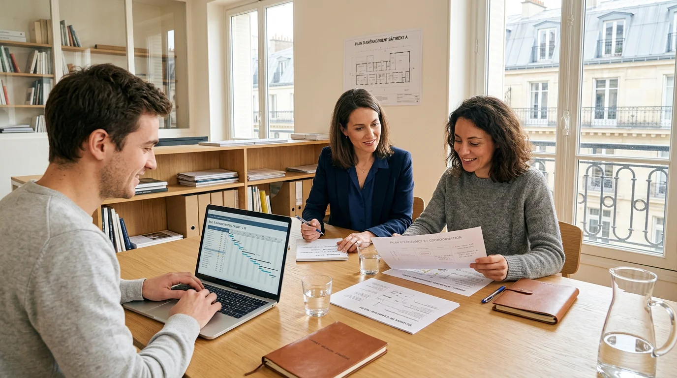 Consultante coordonnant une équipe de sous-traitants en réunion