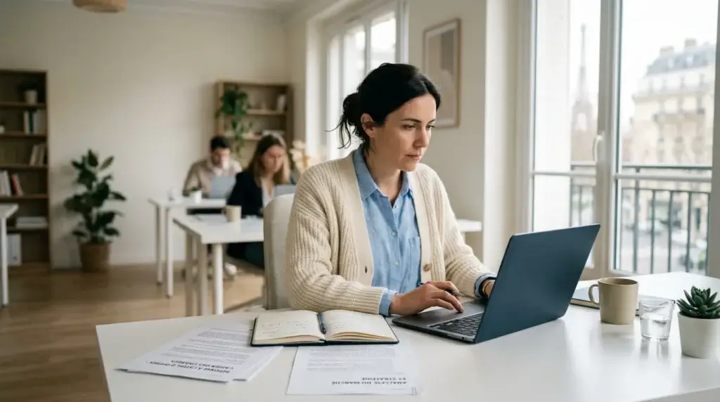 Freelance pr&eacute;parant une r&eacute;ponse &agrave; un appel d'offres sur son ordinateur