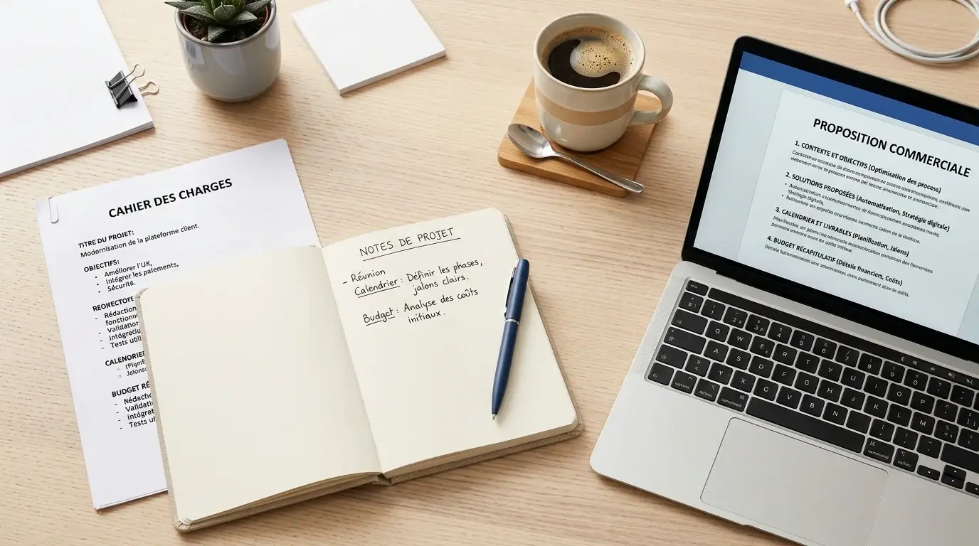 Bureau organisé avec cahier des charges et proposition commerciale d'un freelance