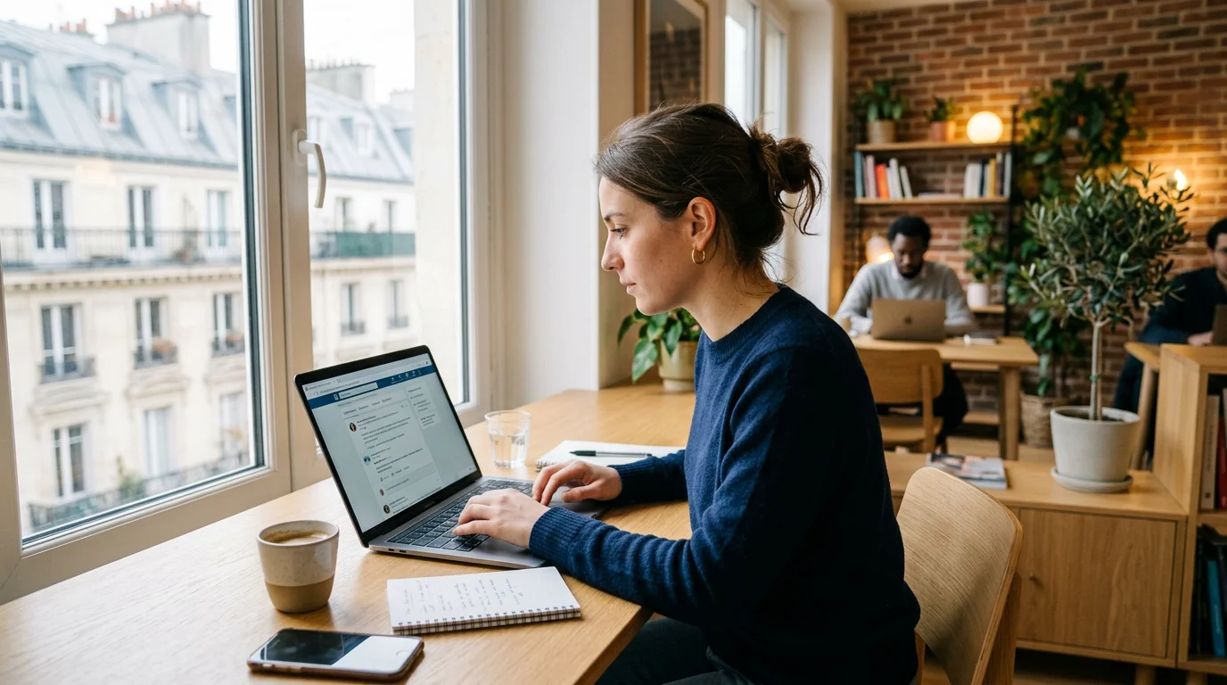 Freelance travaillant sa présence en ligne dans un espace de coworking