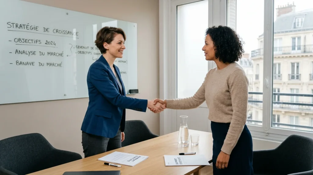 Consultant freelance concluant une d&eacute;marche commerciale avec un client