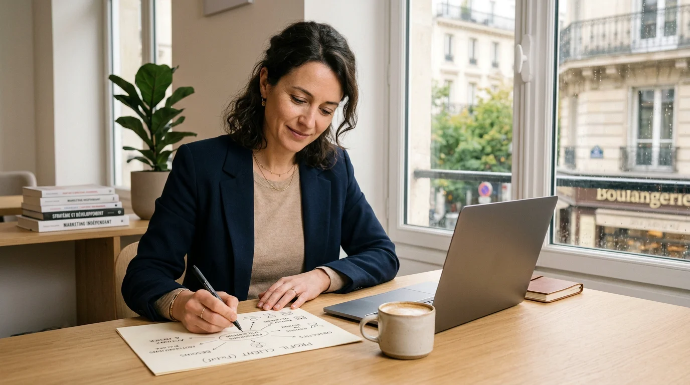 Consultant freelance définissant le profil de son client idéal sur papier