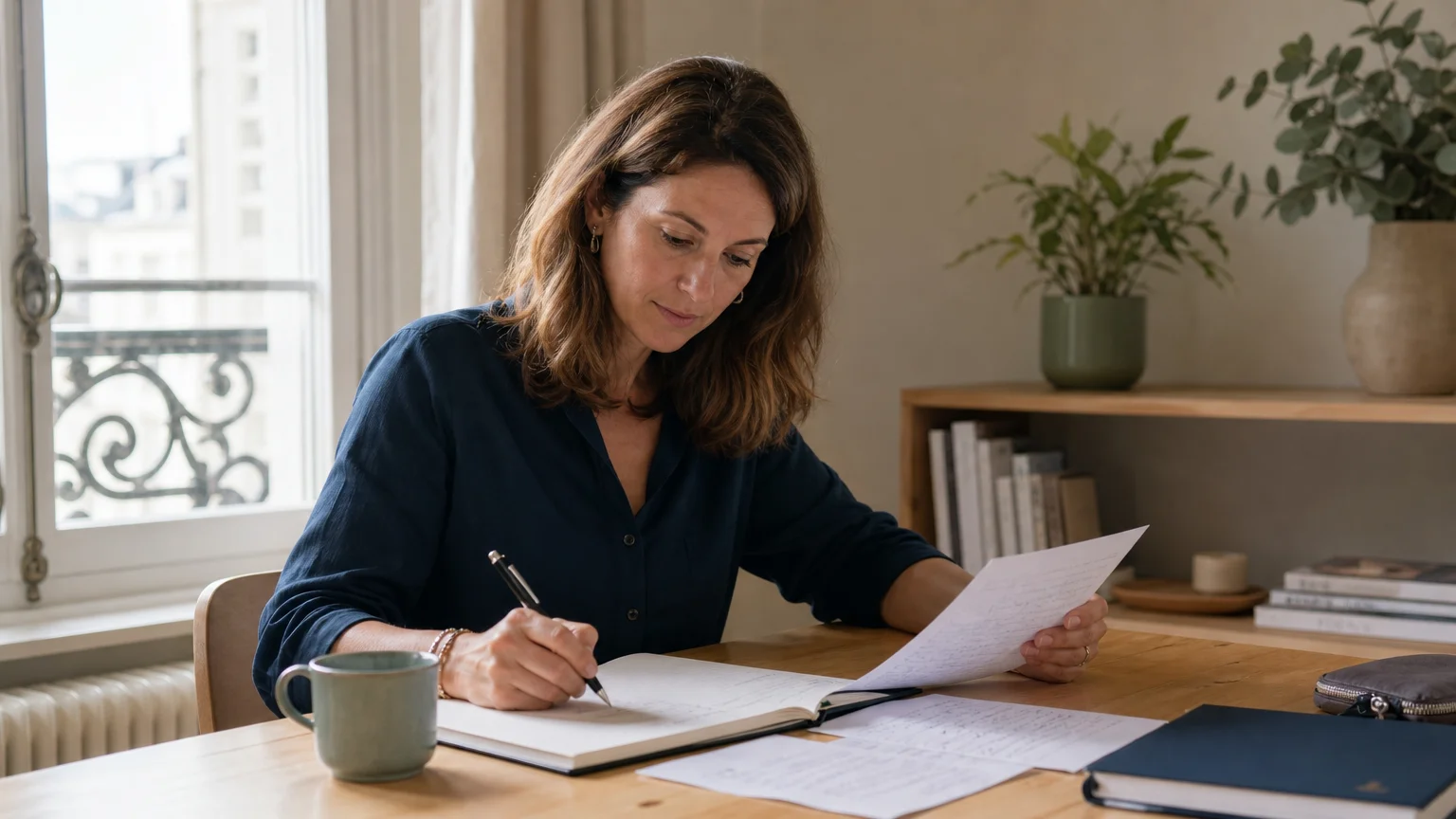 Consultante préparant un message personnalisé avant de contacter un prospect