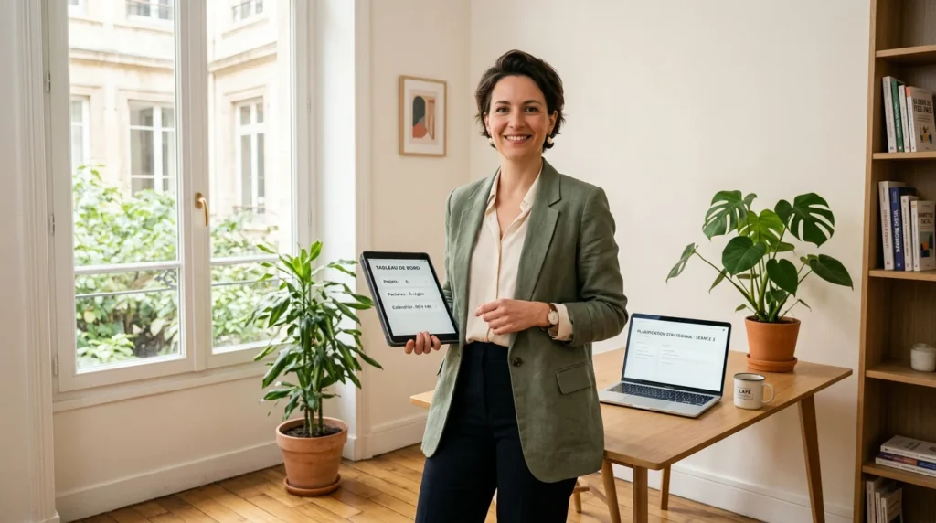 Freelance dans un bureau lumineux illustrant une démarche responsable