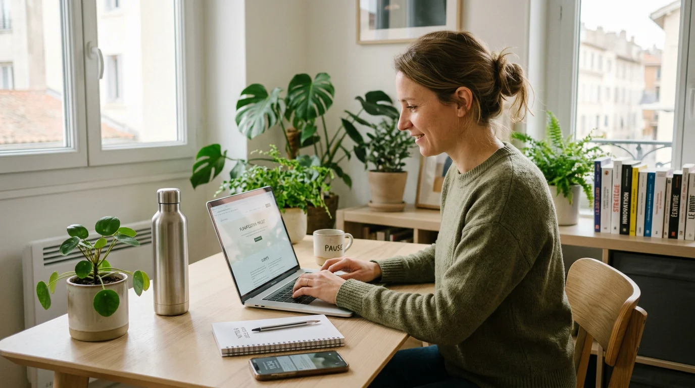 Freelance travaillant sur un ordinateur reconditionné dans un bureau sobre et lumineux