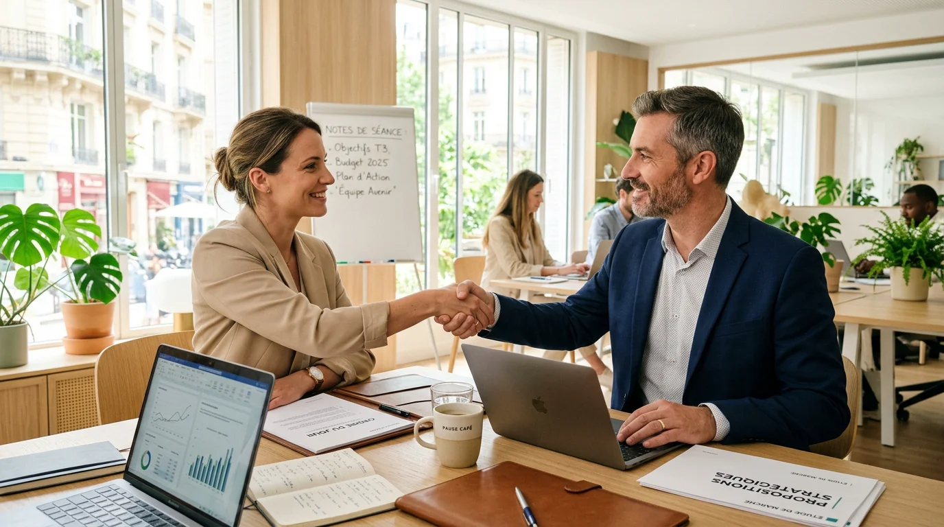 Poignée de main entre un freelance et un client lors d'un rendez-vous professionnel