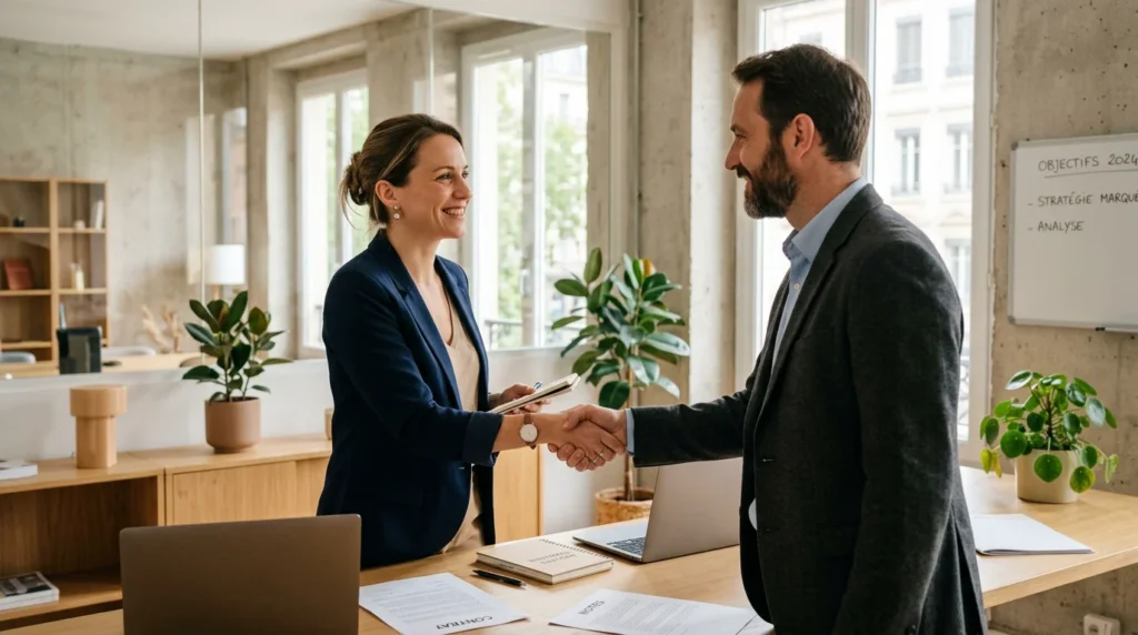 Consultant freelance et client se serrant la main dans un bureau lumineux