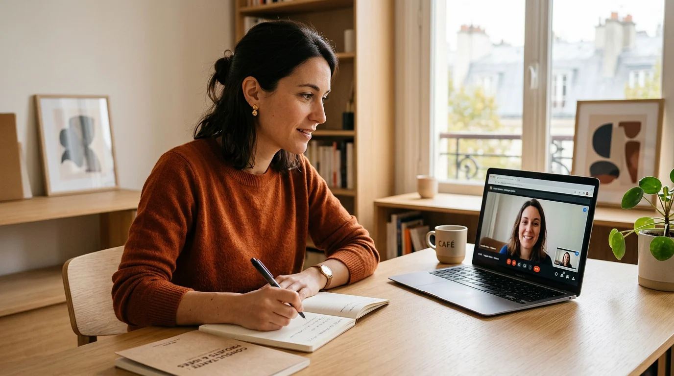 Consultant freelance à l'écoute d'un client lors d'un rendez-vous en visioconférence