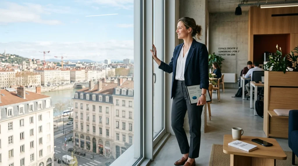Freelance confiant dans un espace de coworking moderne regardant vers la ville