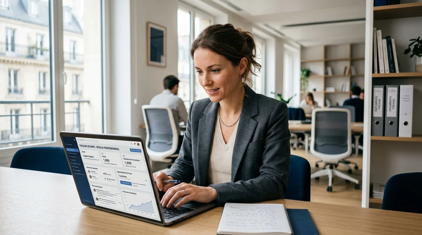 Consultant freelance analysant ses prospects sur un ordinateur portable