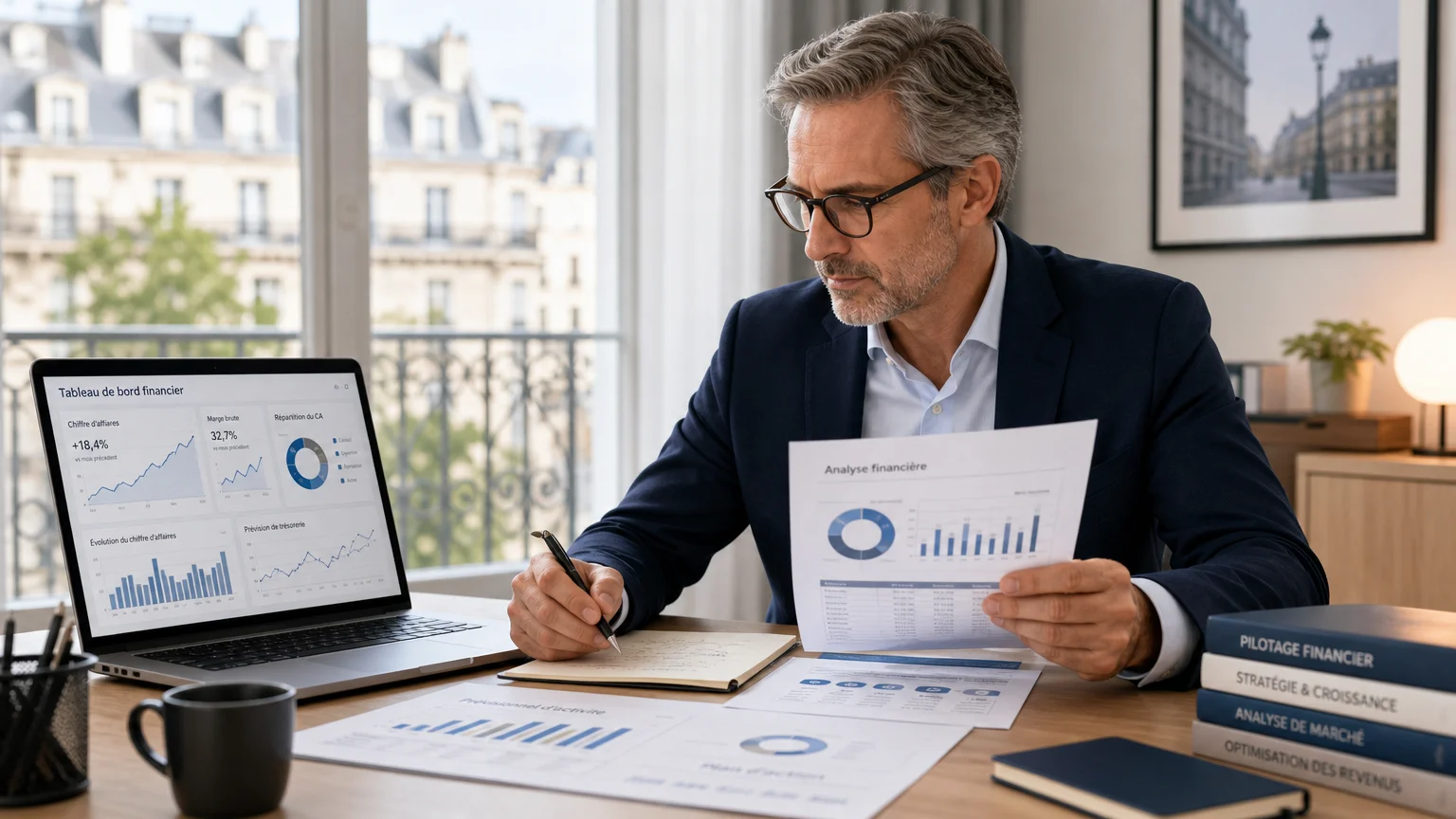 Directeur financier en portage salarial analysant des tableaux de bord dans un bureau à Paris