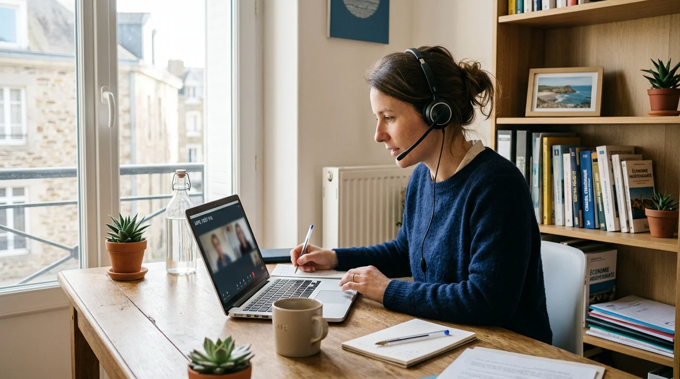 Consultant freelance menant un appel de découverte depuis son bureau