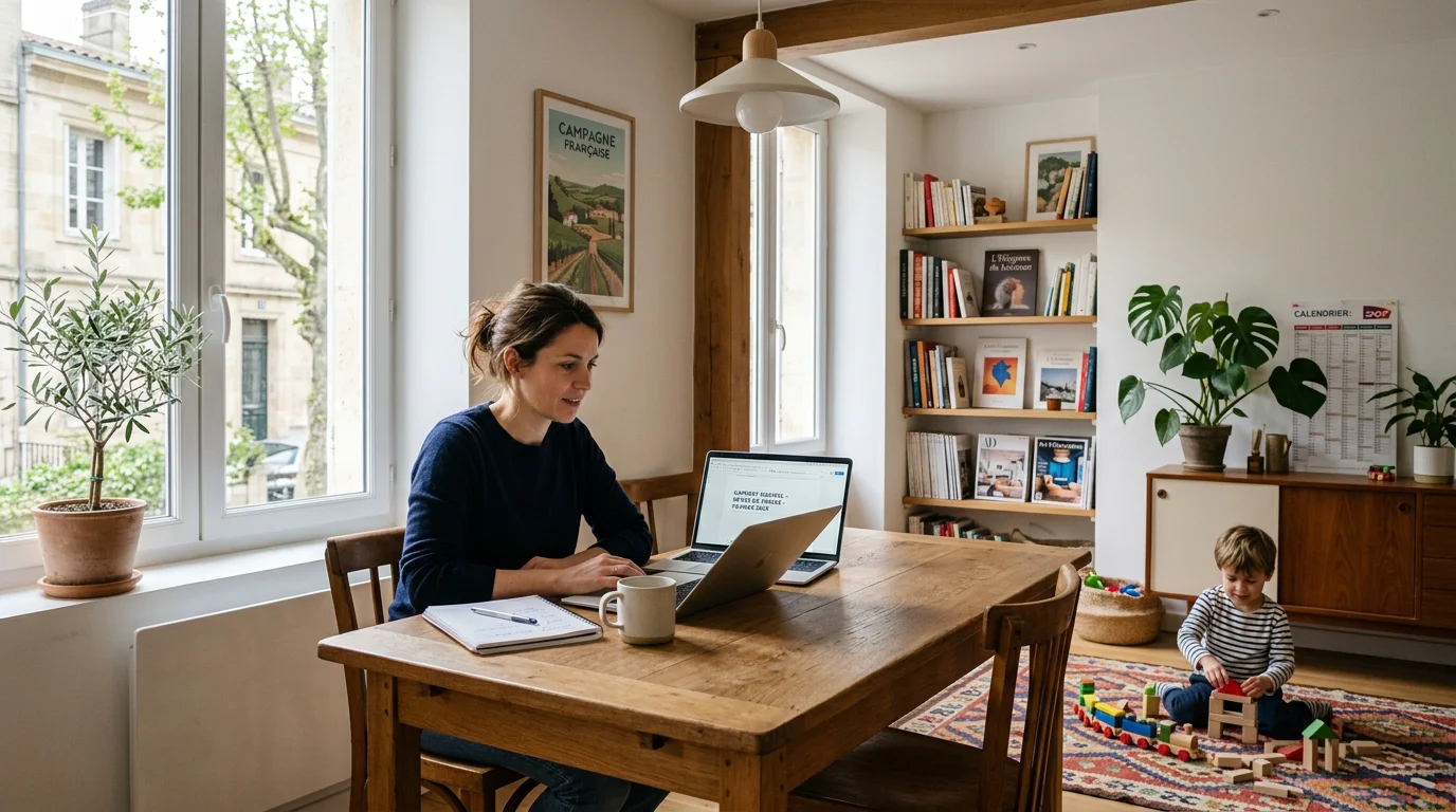 Parent en télétravail organisant son activité tout en gardant un œil sur son enfant
