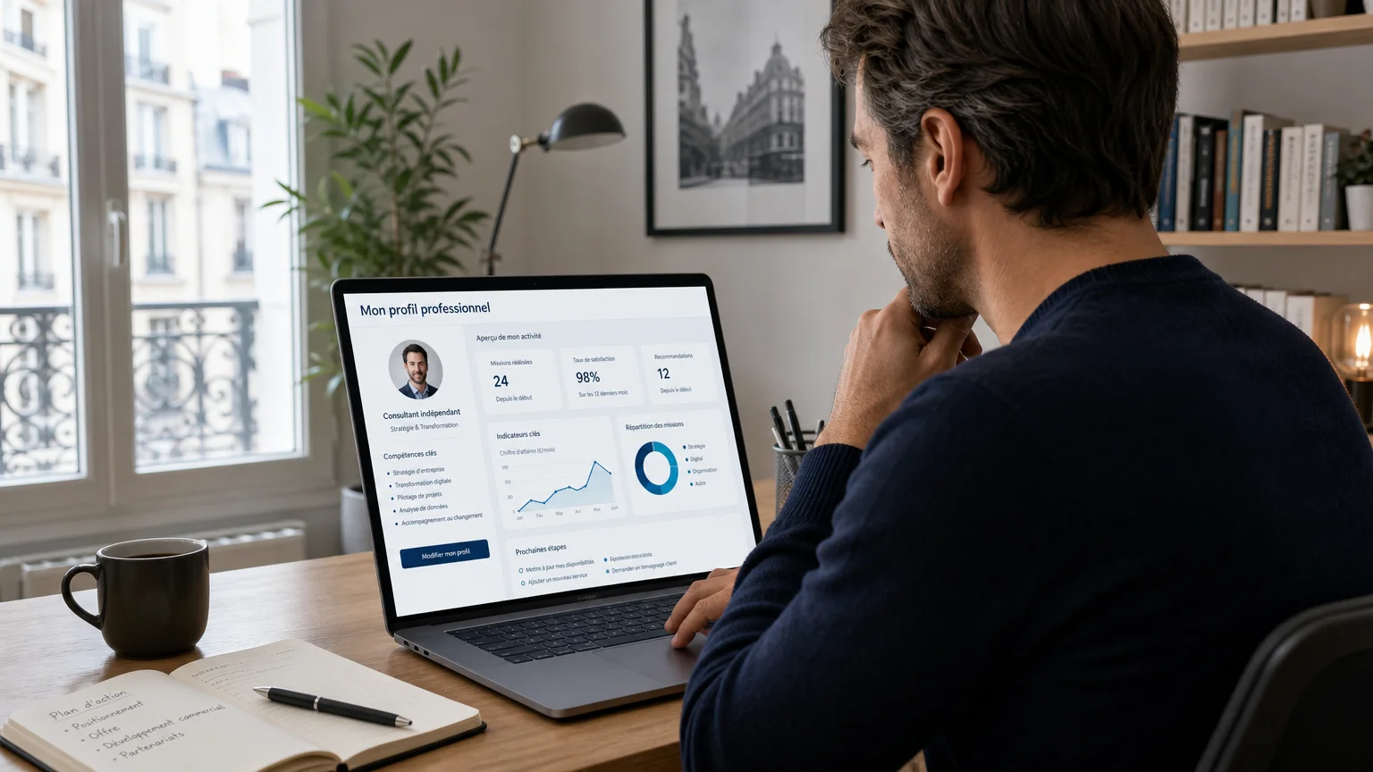 Consultant indépendant optimisant son profil professionnel sur son ordinateur portable