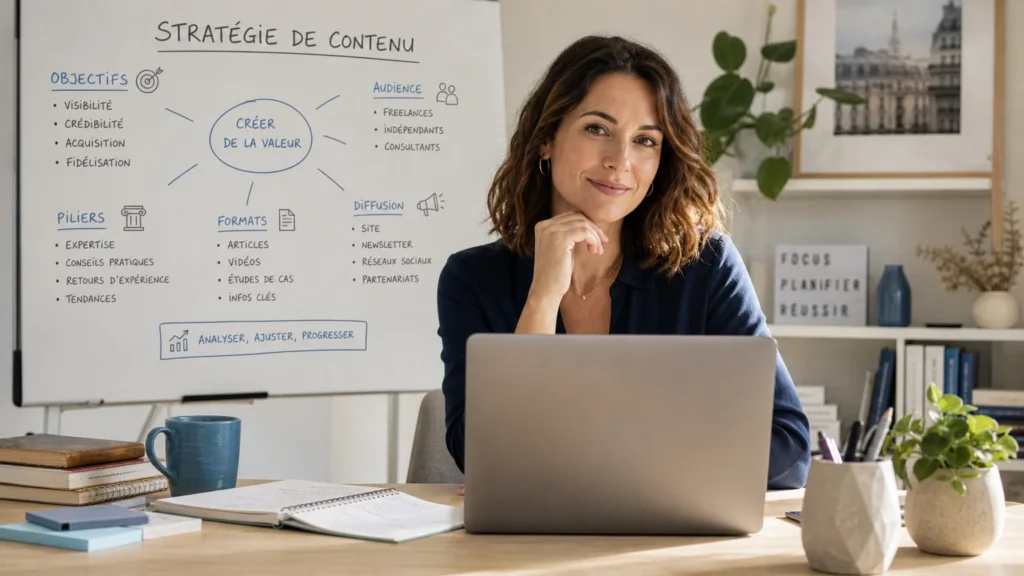Freelance travaillant sa stratégie de communication dans un espace de travail lumineux
