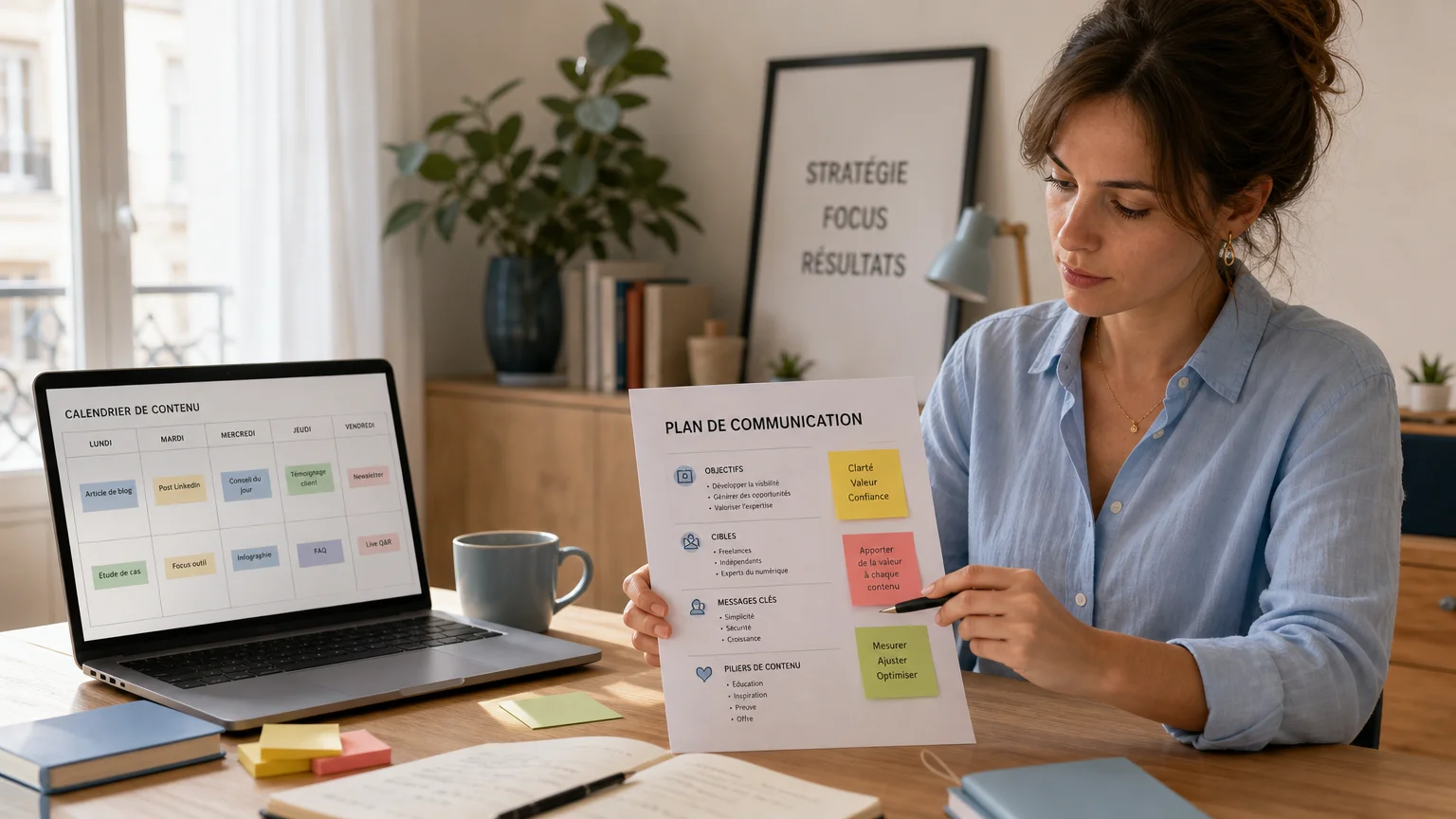 Freelance organisant son plan de communication sur un bureau épuré
