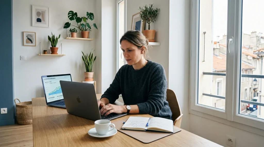 Consultant en référencement naturel travaillant sur son ordinateur dans un bureau lumineux