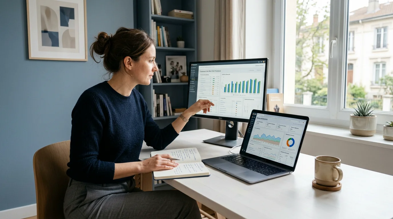 Consultant SEO indépendant analysant des courbes de positionnement sur deux écrans
