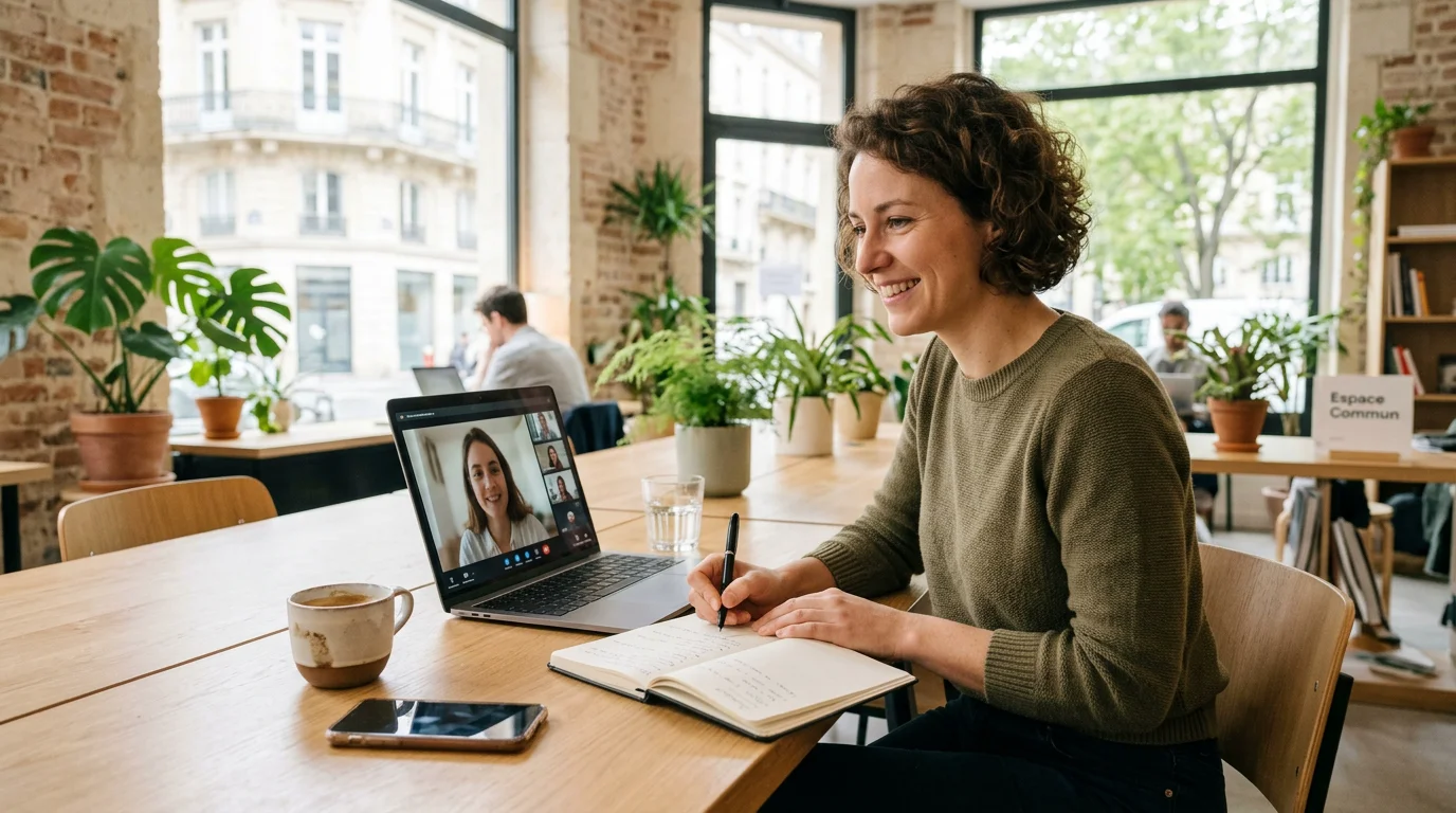 Référenceur indépendant en visioconférence avec un prospect dans un espace de coworking