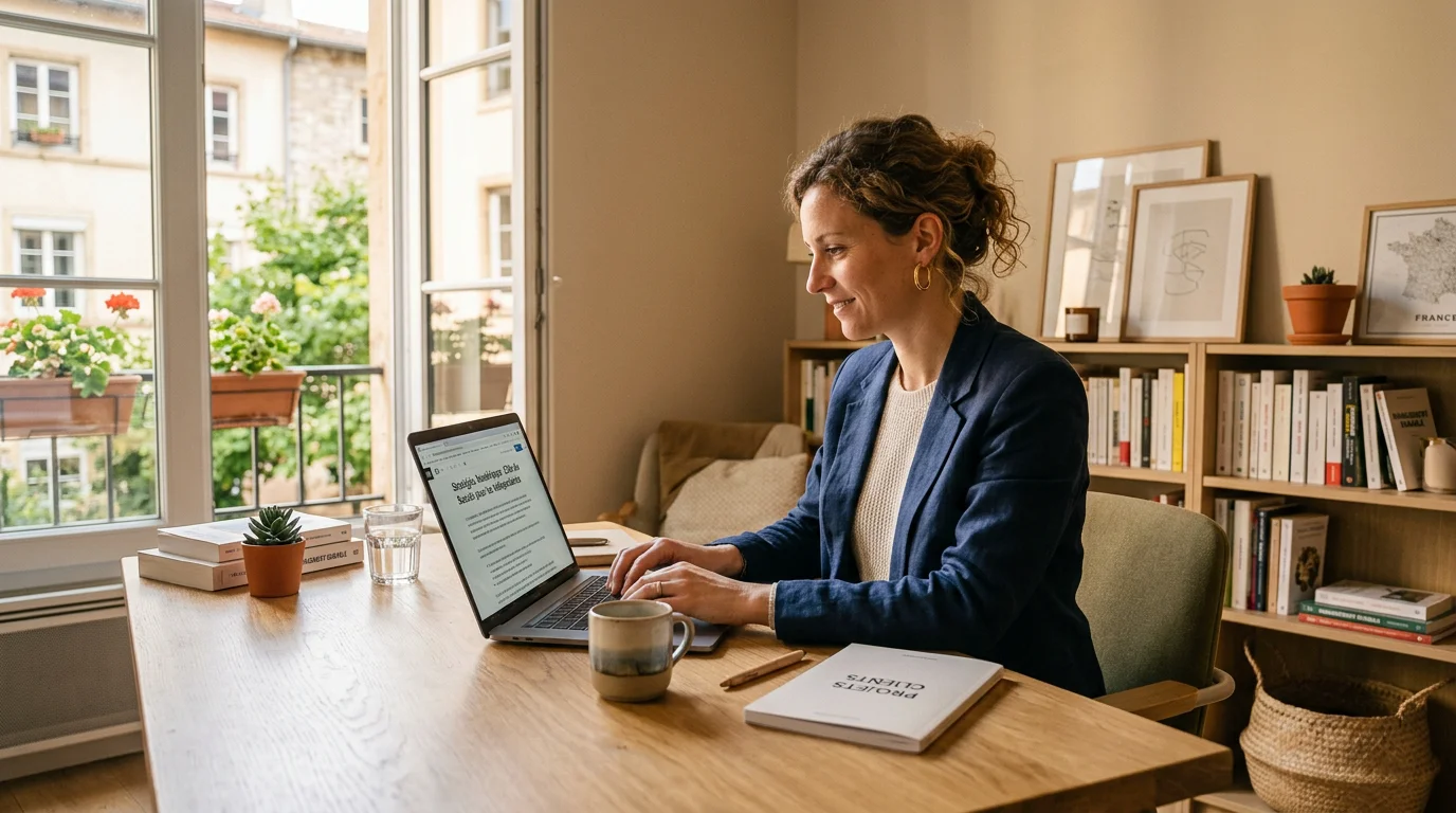 Un consultant indépendant rédige un article de blog sur son ordinateur portable