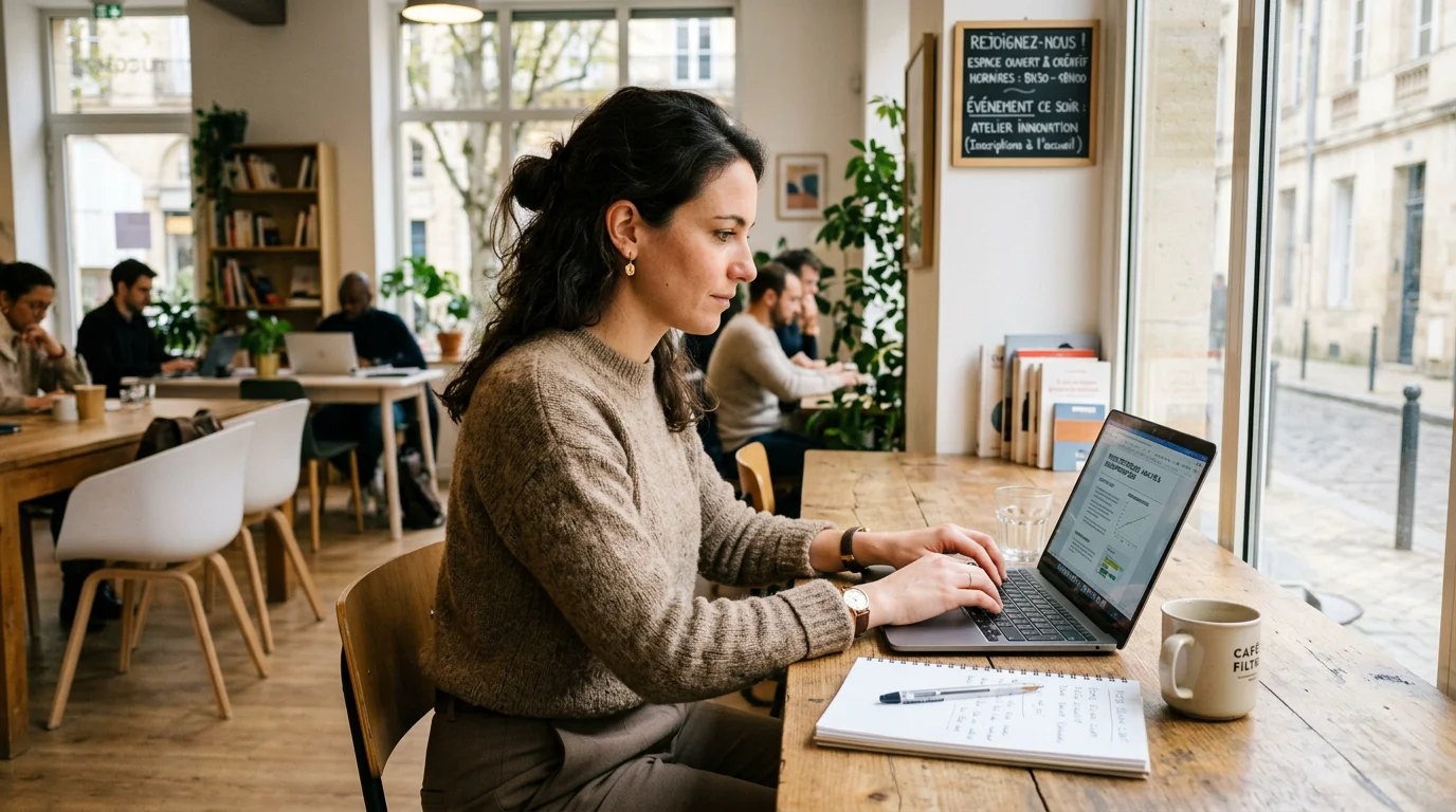 Consultant indépendant travaillant sur son ordinateur dans un espace de coworking