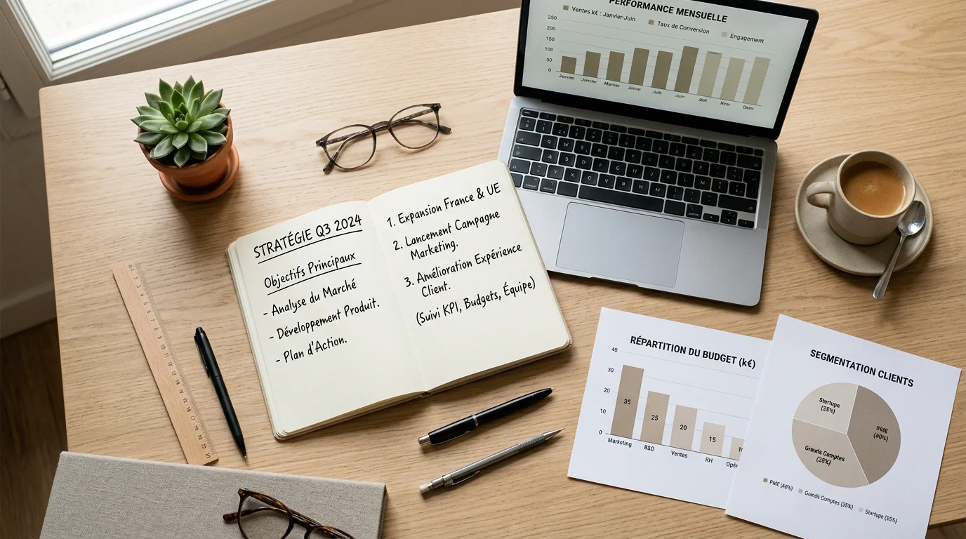 Bureau organisé avec carnet de stratégie et graphiques pour un consultant freelance