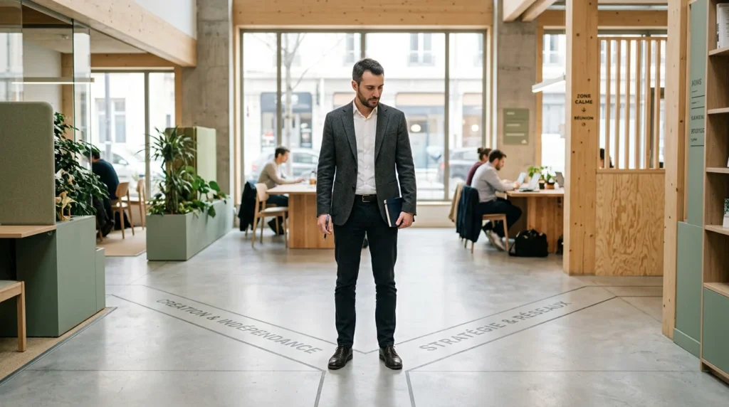 Freelance réfléchissant à sa stratégie de spécialisation ou de diversification