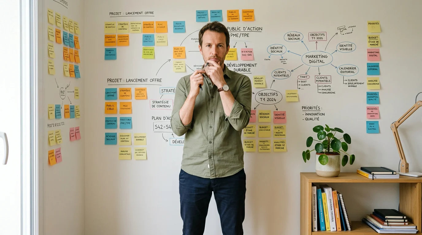 Freelance planifiant sa stratégie de positionnement devant un mur de post-its