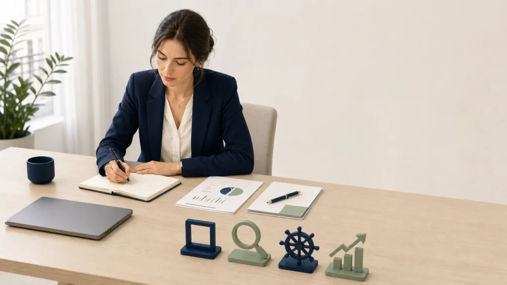 Illustration d&rsquo;une consultante entour&eacute;e de ses principaux outils de travail