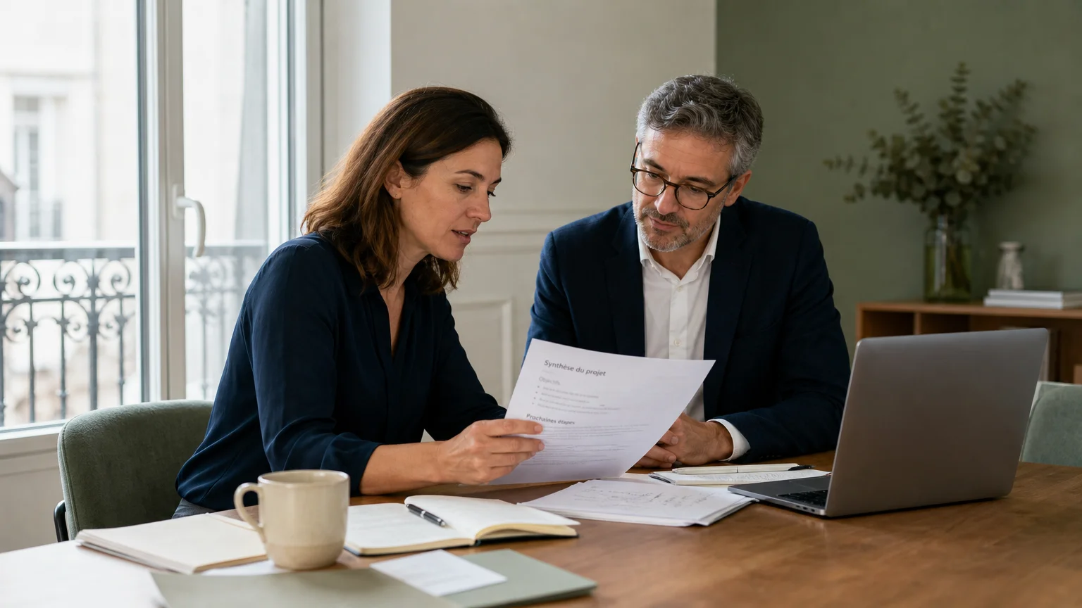 Consultante et dirigeant structurant une mission autour de documents et de notes