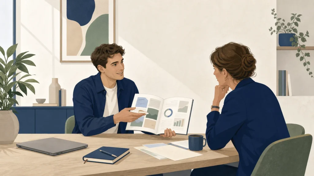Jeune consultant pr&eacute;sentant son portfolio lors d&rsquo;un premier rendez-vous professionnel