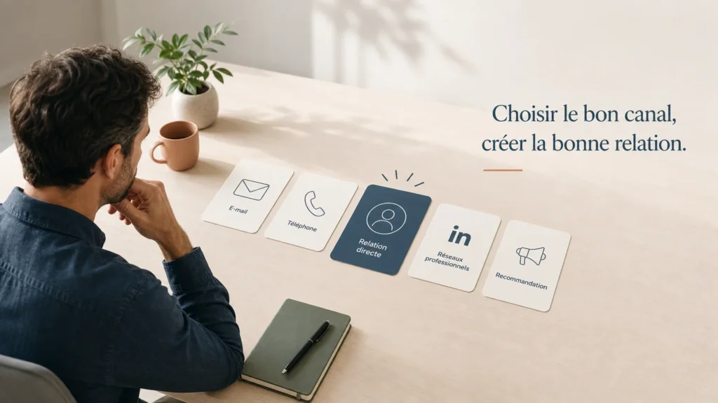 Illustration d&rsquo;un consultant choisissant les canaux de communication adapt&eacute;s &agrave; son activit&eacute;