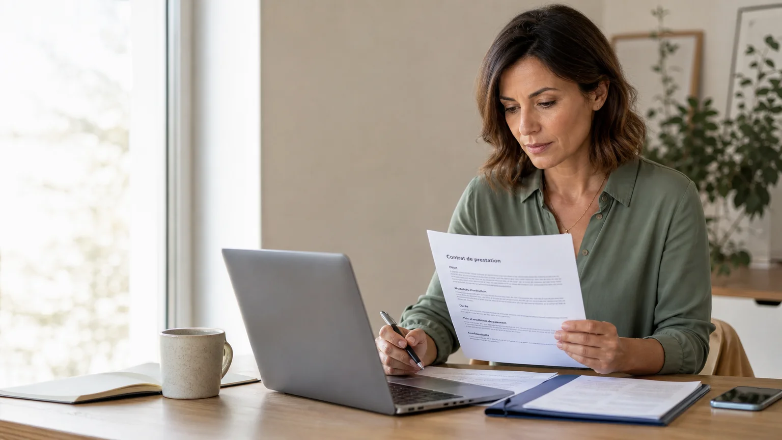 Consultante indépendante vérifiant un contrat de prestation dans un espace de travail