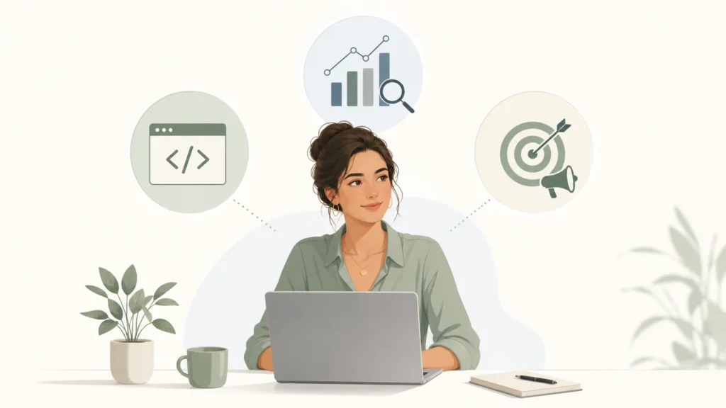 Professionnelle du digital exer&ccedil;ant son activit&eacute; ind&eacute;pendante avec un ordinateur portable