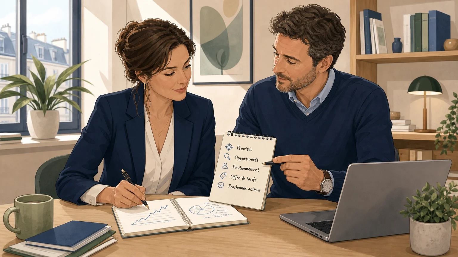 Consultante analysant des opportunités commerciales avec un accompagnement humain