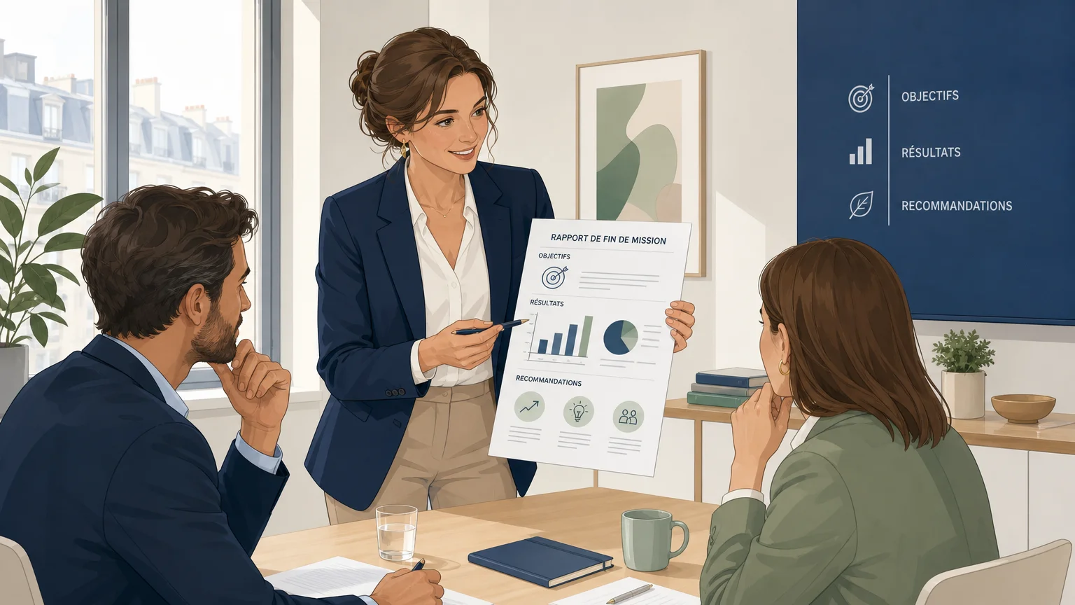 Consultante présentant un rapport de fin de mission à une équipe cliente