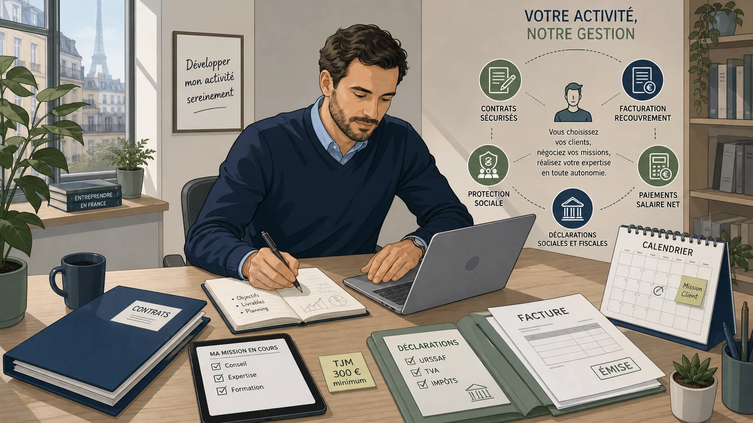 Illustration d’un consultant organisant ses tâches administratives freelance