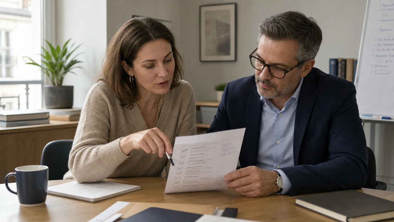 Consultante et client faisant le point sur les étapes d’une mission