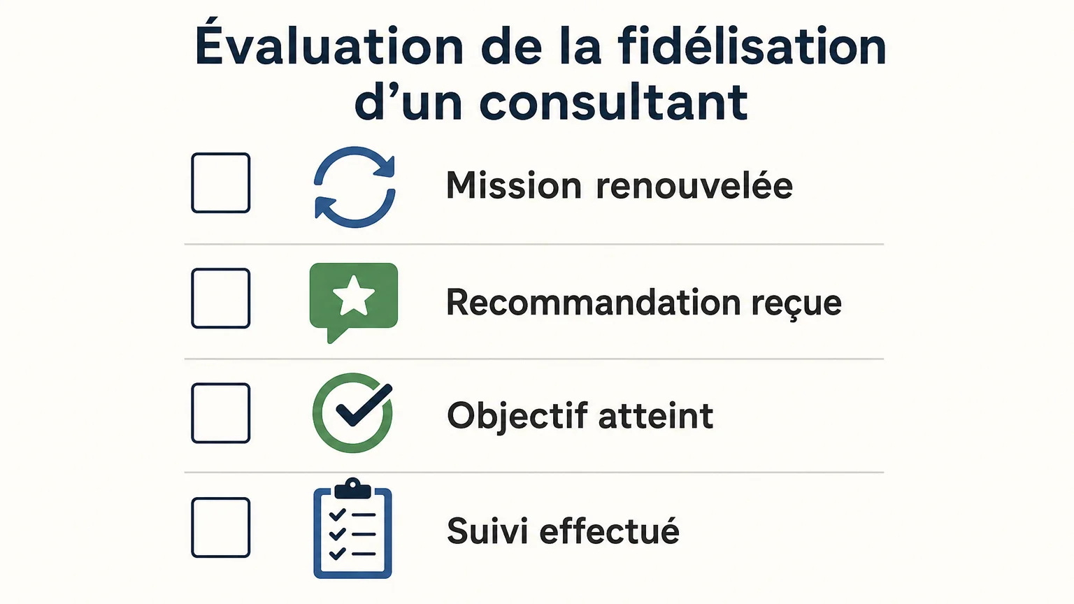 Checklist de quatre indicateurs de fidélisation pour consultant