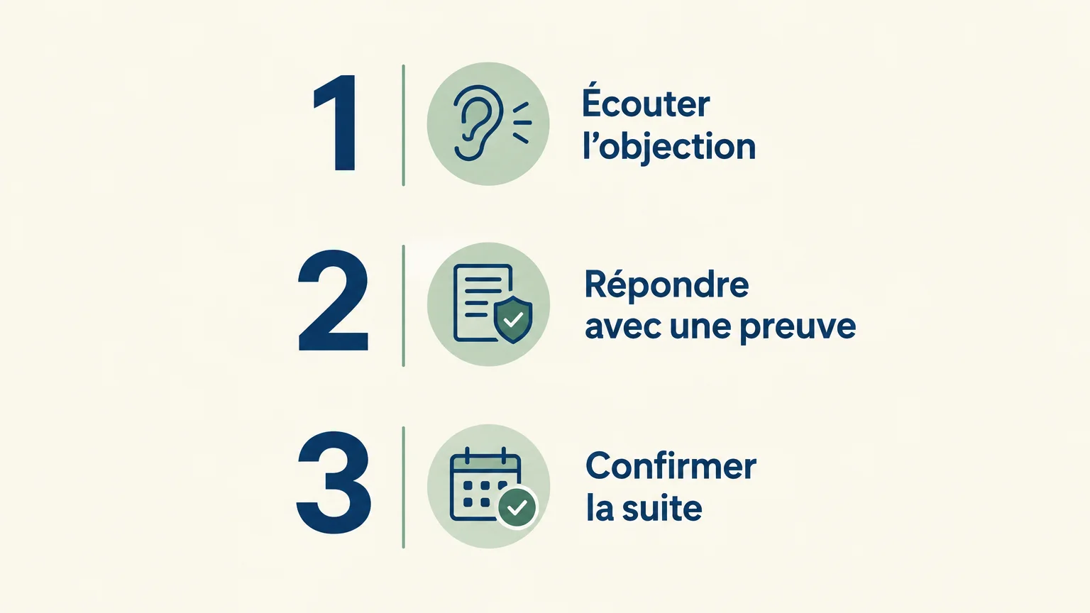 Checklist pour écouter une objection, apporter une preuve et convenir de la suite