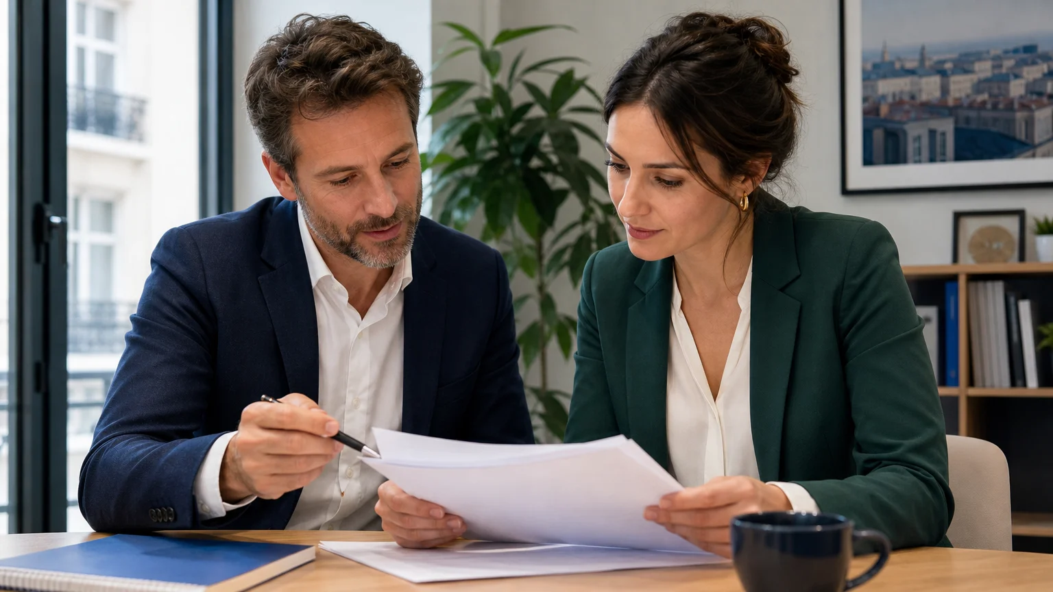 Un consultant et une conseillère vérifient un contrat de portage salarial